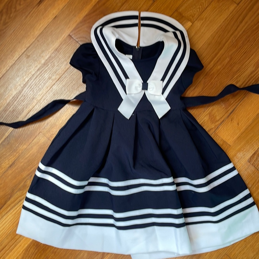 Bonnie Jean 4T, little girl formal dress, classic, elegant, navy & white, w/ bow